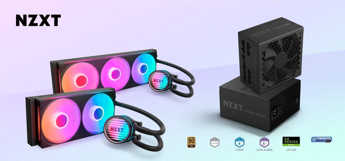 NZXT AIO liquid coolers with RGB fans beside black NZXT C750 Core and C1000 Core power supplies and certification badges