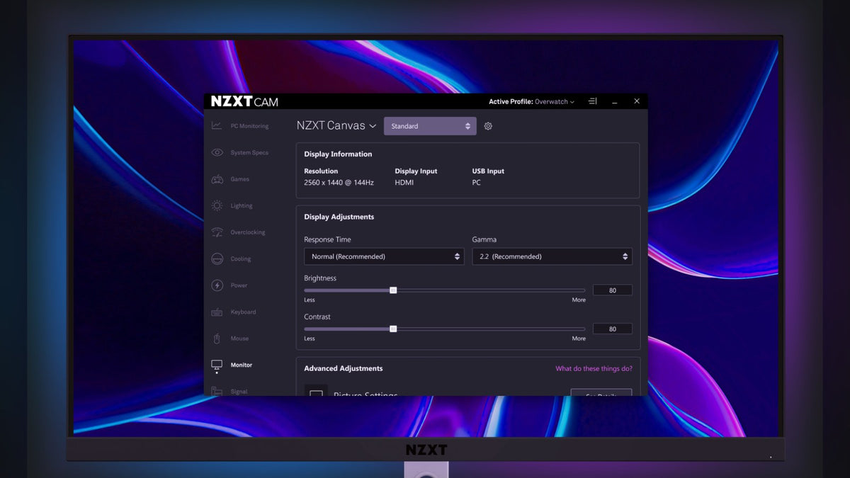 NZXT CAM monitor settings screen for an NZXT Canvas display, open on an NZXT monitor with a purple wallpaper
