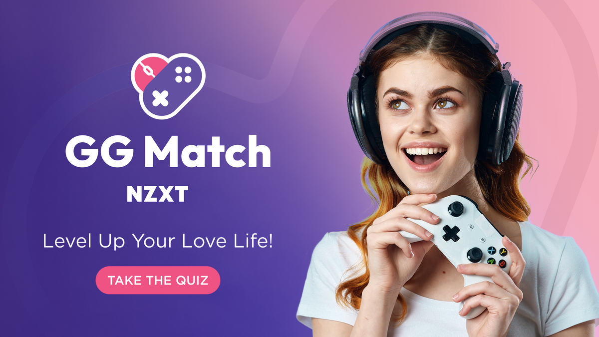 GG Match by NZXT banner with a smiling woman in headphones holding a game controller and a Take the Quiz button