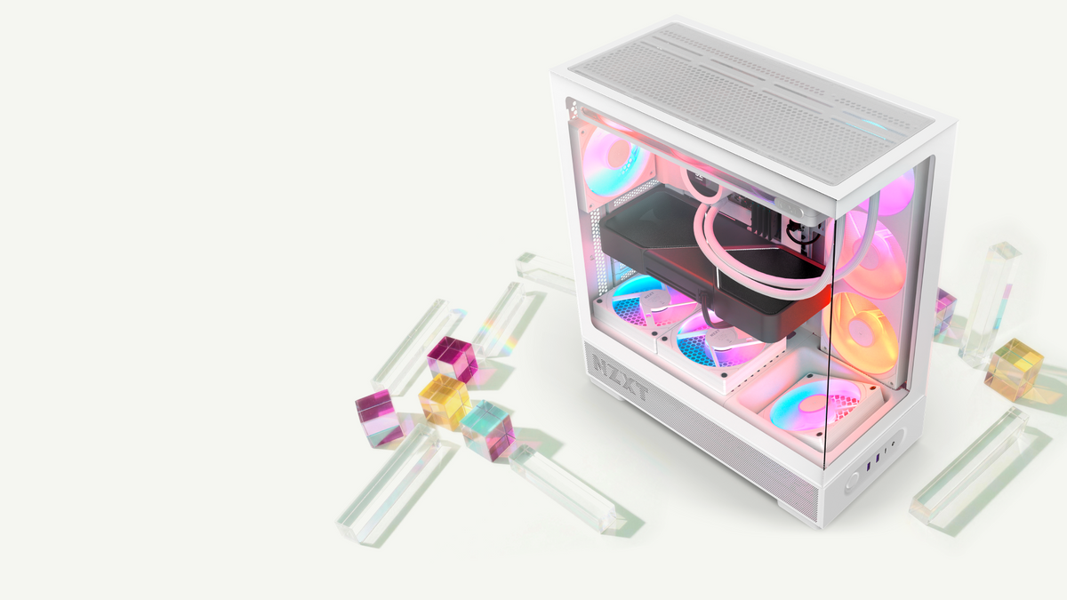 White NZXT S5 RGB case with pink, blue and orange RGB fans, surrounded by colored glass prisms