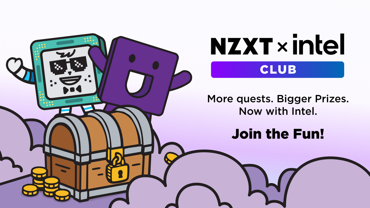NZXT x Intel Club launch banner with CPU and Chippy mascots on a treasure chest: More quests. Bigger prizes.