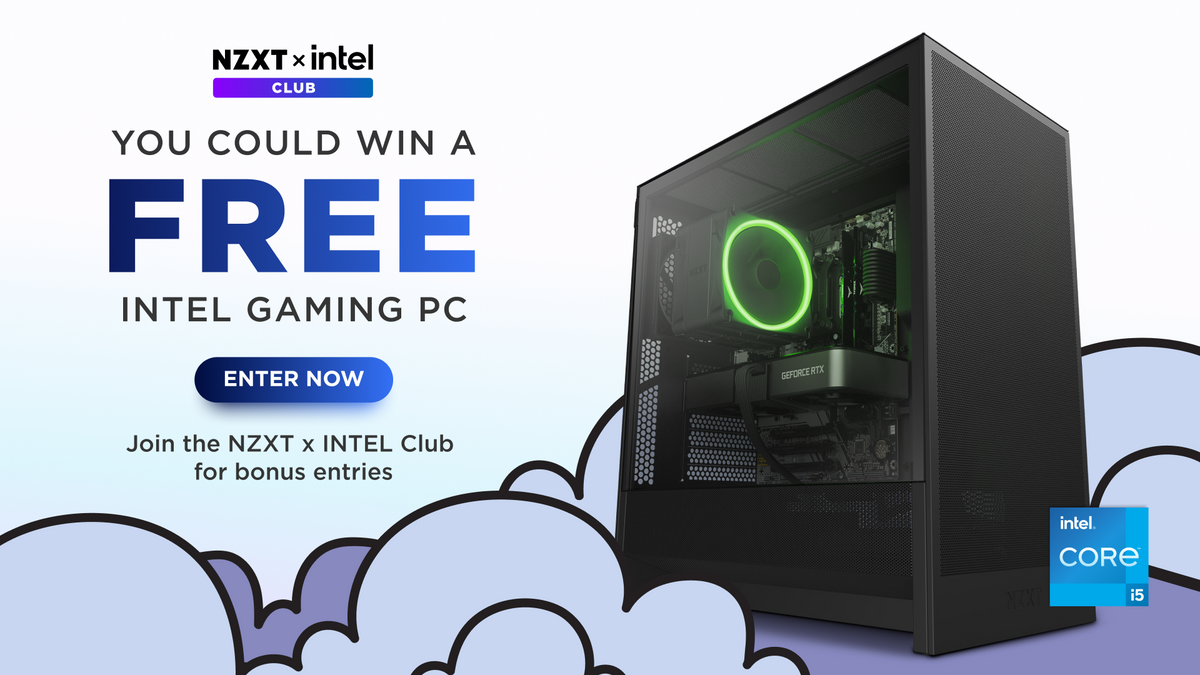 NZXT x Intel Club giveaway banner offering a free Intel gaming PC, showing a black PC with a green-lit cooler