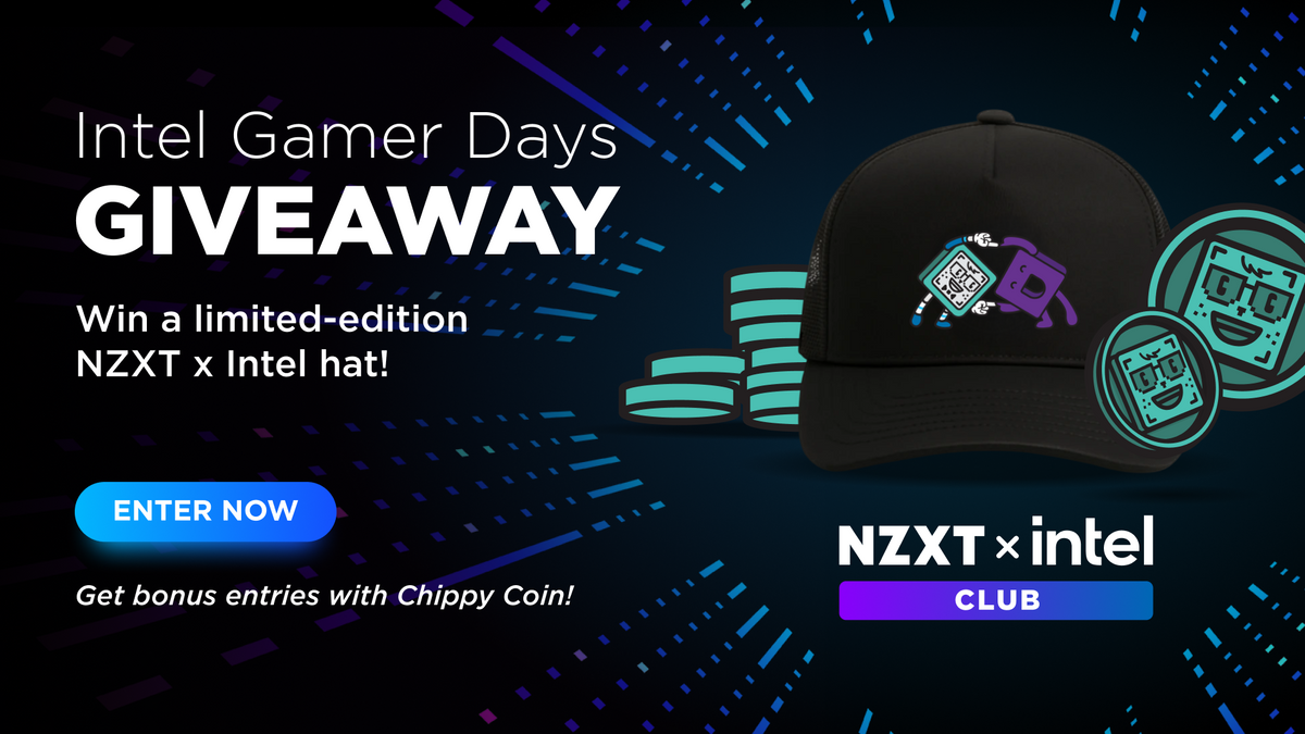 Intel Gamer Days giveaway banner for a limited-edition NZXT x Intel hat, with Chippy Coin mascot graphics