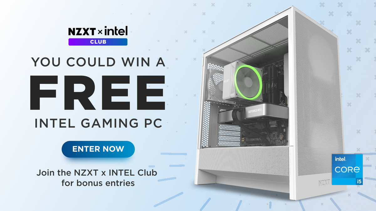 NZXT x Intel Club giveaway banner offering a free Intel gaming PC, showing a white PC with a green-lit cooler