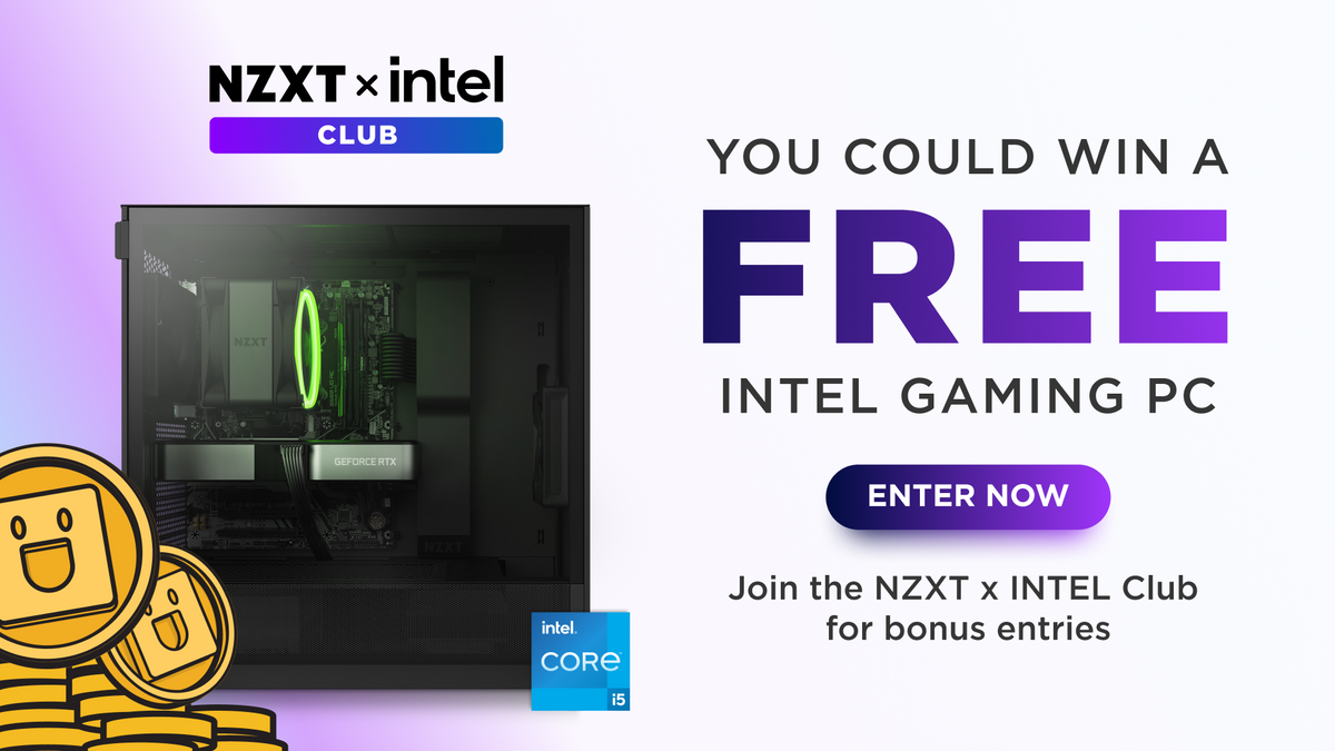 NZXT x Intel Club August giveaway banner offering a free Intel gaming PC in a black NZXT case with a Core i5 badge