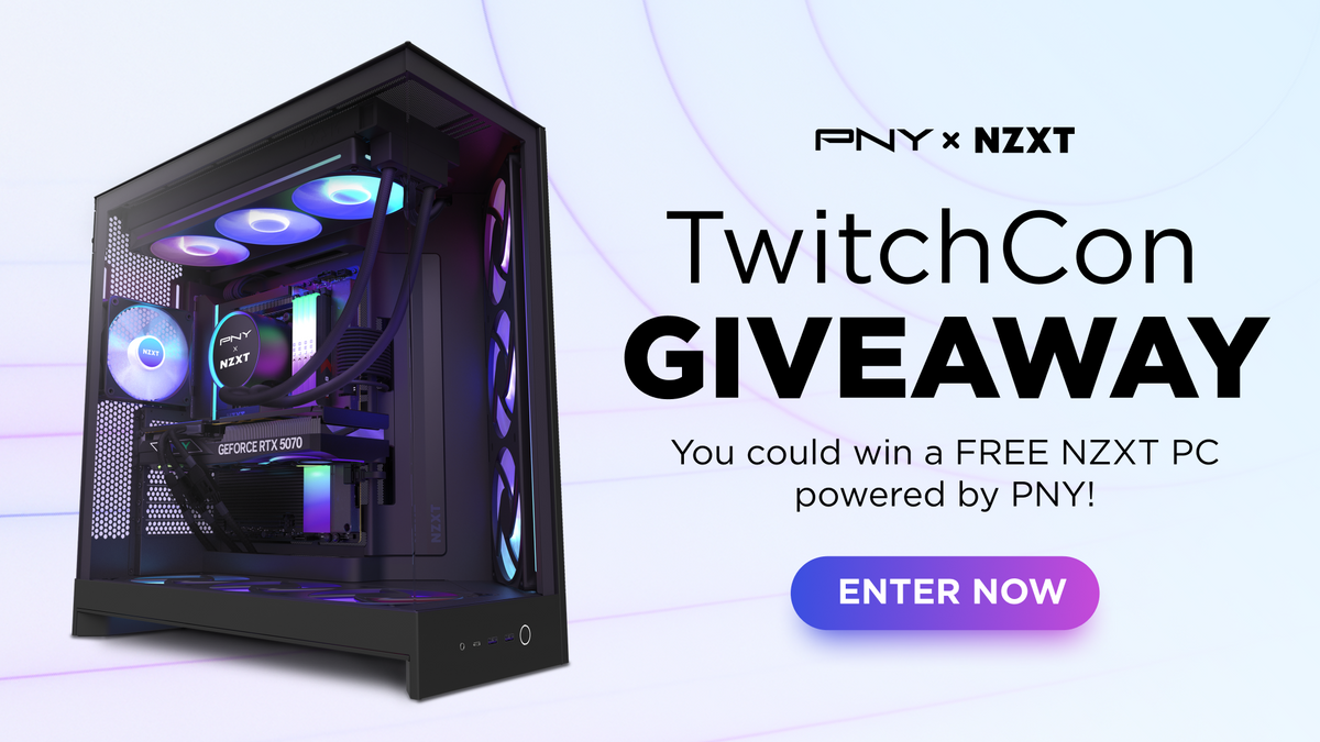 PNY x NZXT TwitchCon giveaway banner showing a black NZXT case with RGB fans and a GeForce RTX 5070 graphics card