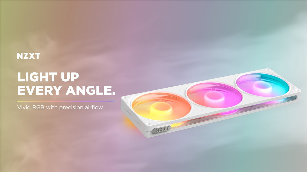 NZXT RGB fans banner reading Light Up Every Angle, showing a white triple fan panel lit in orange, pink and blue
