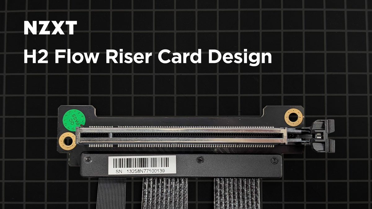 NZXT H2 Flow Riser Card Design title card showing a PCIe riser card with ribbon cables on a grid background