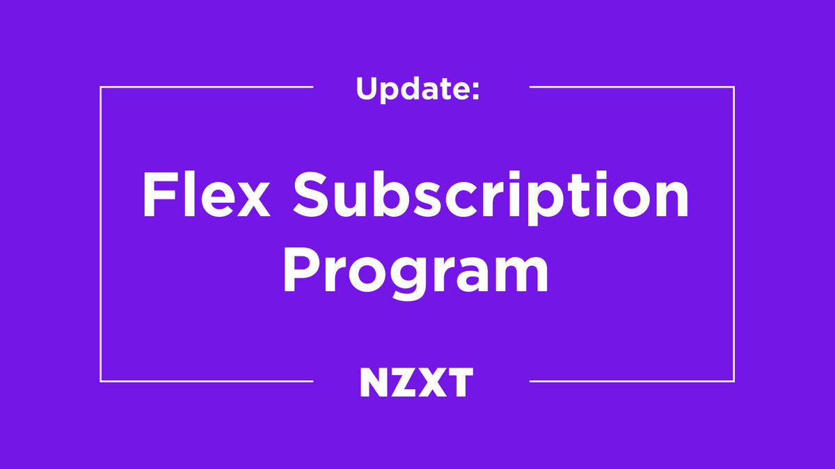 Purple NZXT update graphic with white text reading Flex Subscription Program
