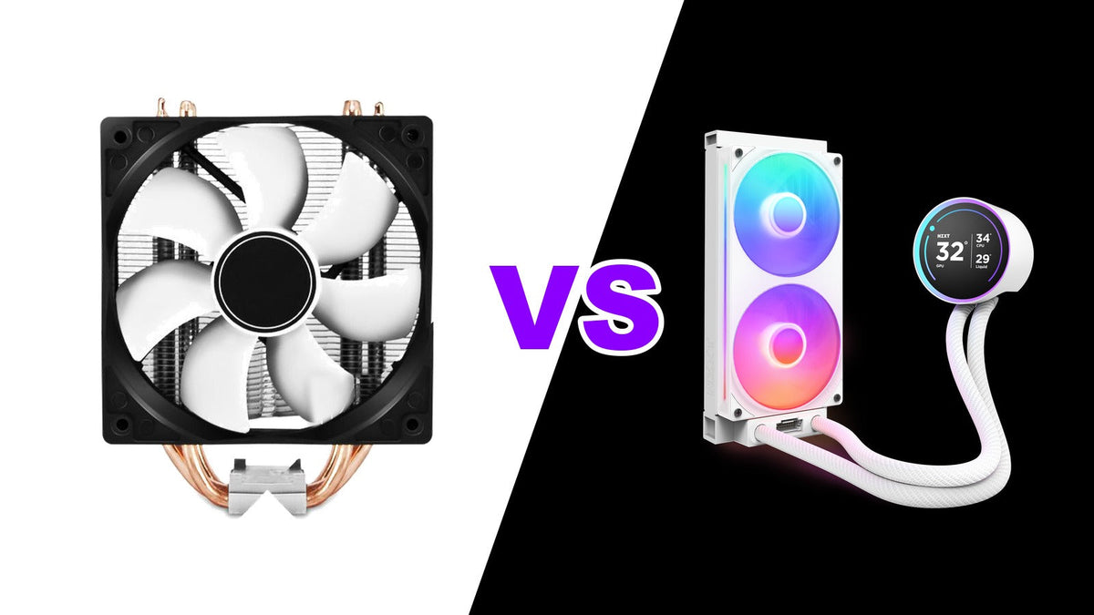 Tower air cooler with a single fan shown versus a white NZXT AIO liquid cooler with RGB fans and an LCD pump