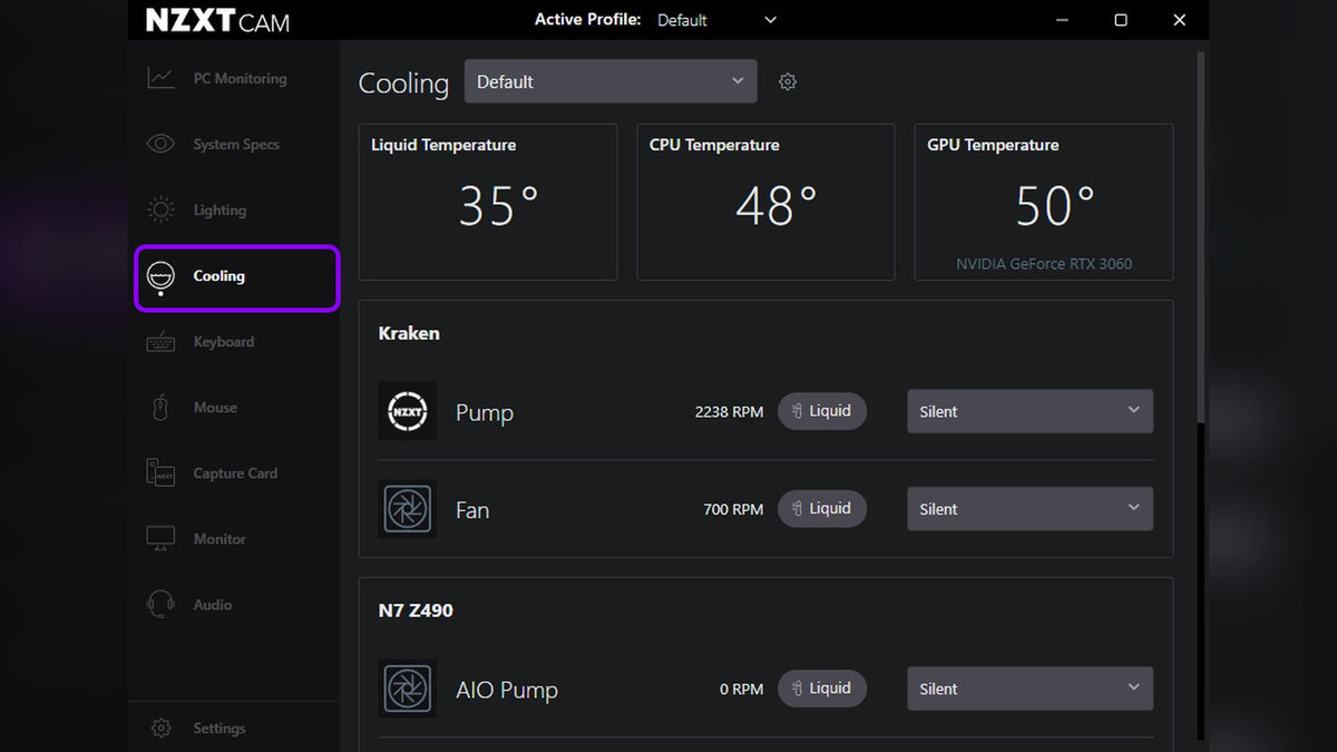 NZXT CAM Cooling screen showing liquid, CPU and GPU temperatures plus Kraken pump and fan speeds