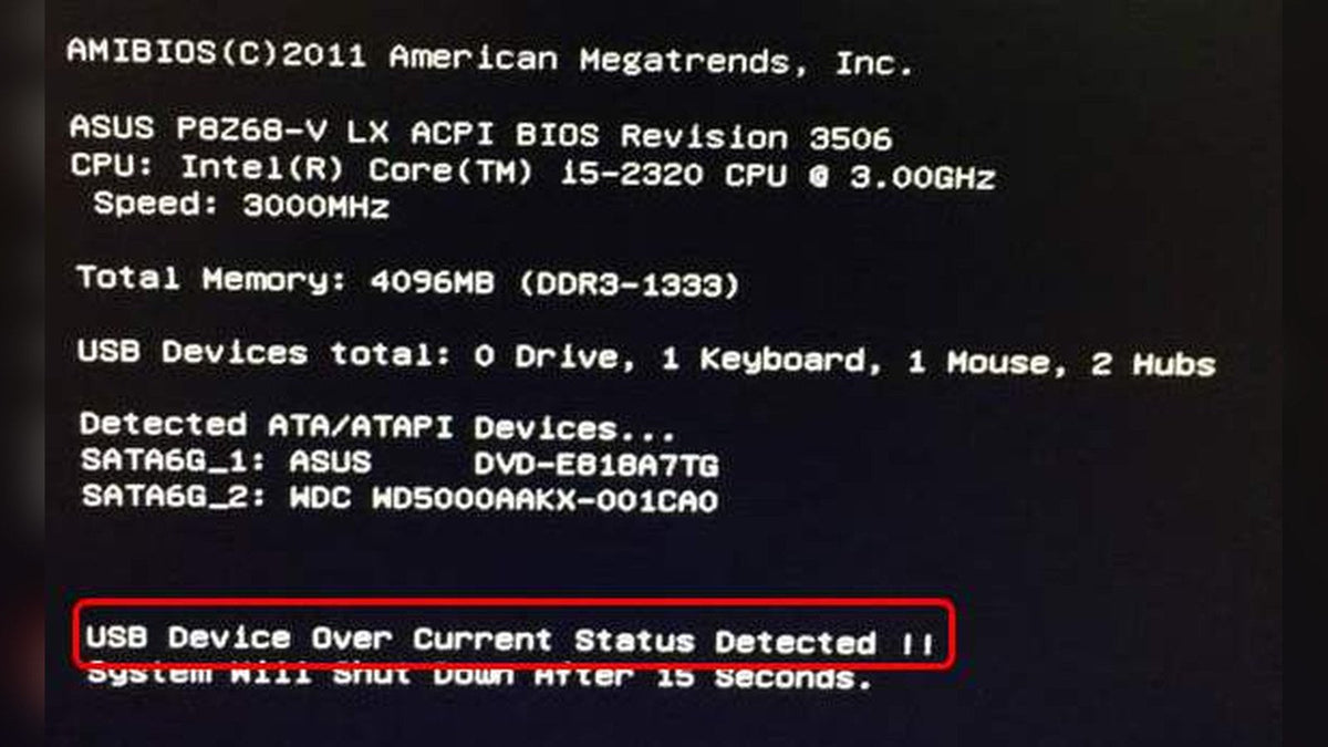 BIOS POST screen with the warning USB Device Over Current Status Detected circled in red
