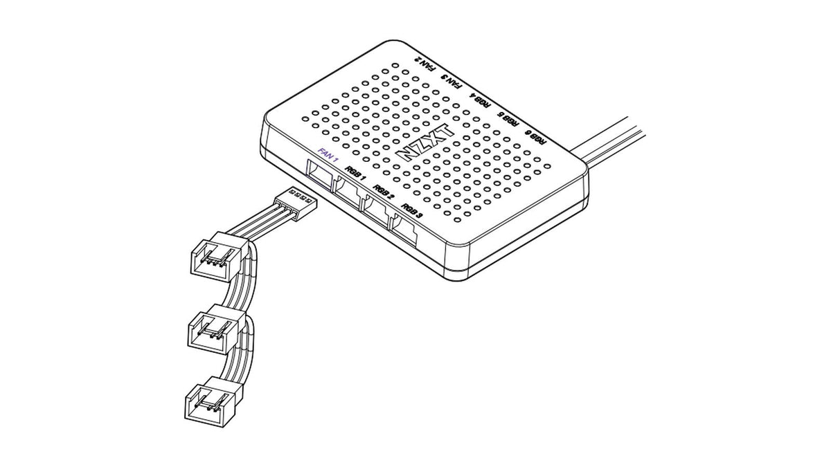 Line drawing of an NZXT fan and RGB controller with a three-way fan splitter cable plugged into the Fan 1 port