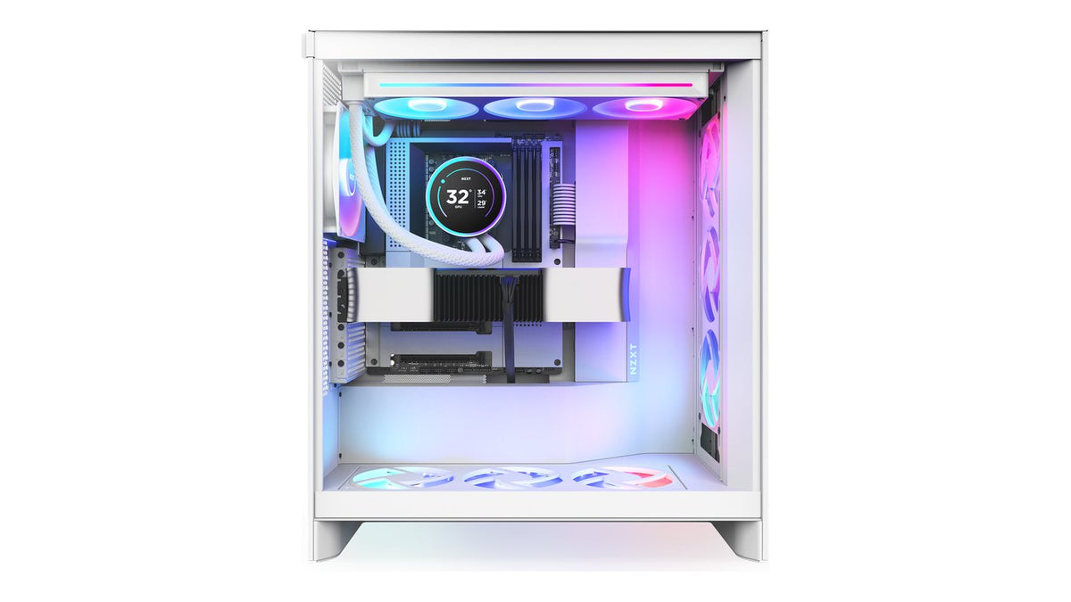 White NZXT dual-chamber case with an AIO liquid cooler LCD pump showing 32° and RGB fans on top, side and bottom