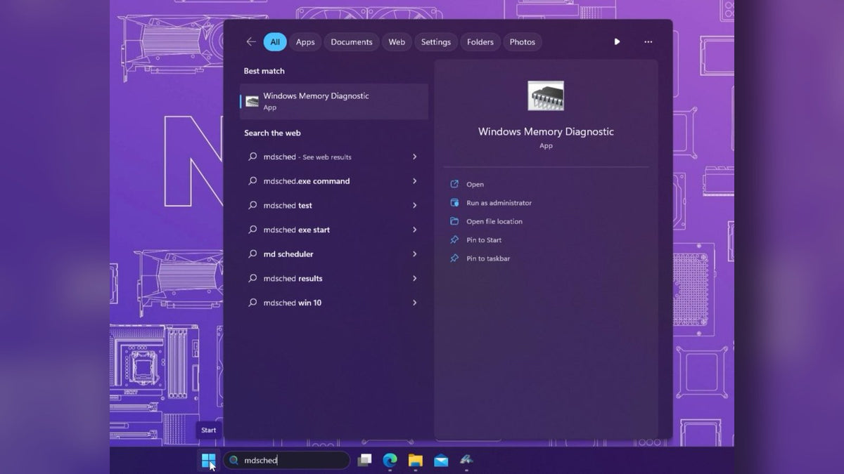 Windows 11 Start search for mdsched showing the Windows Memory Diagnostic app as the best match