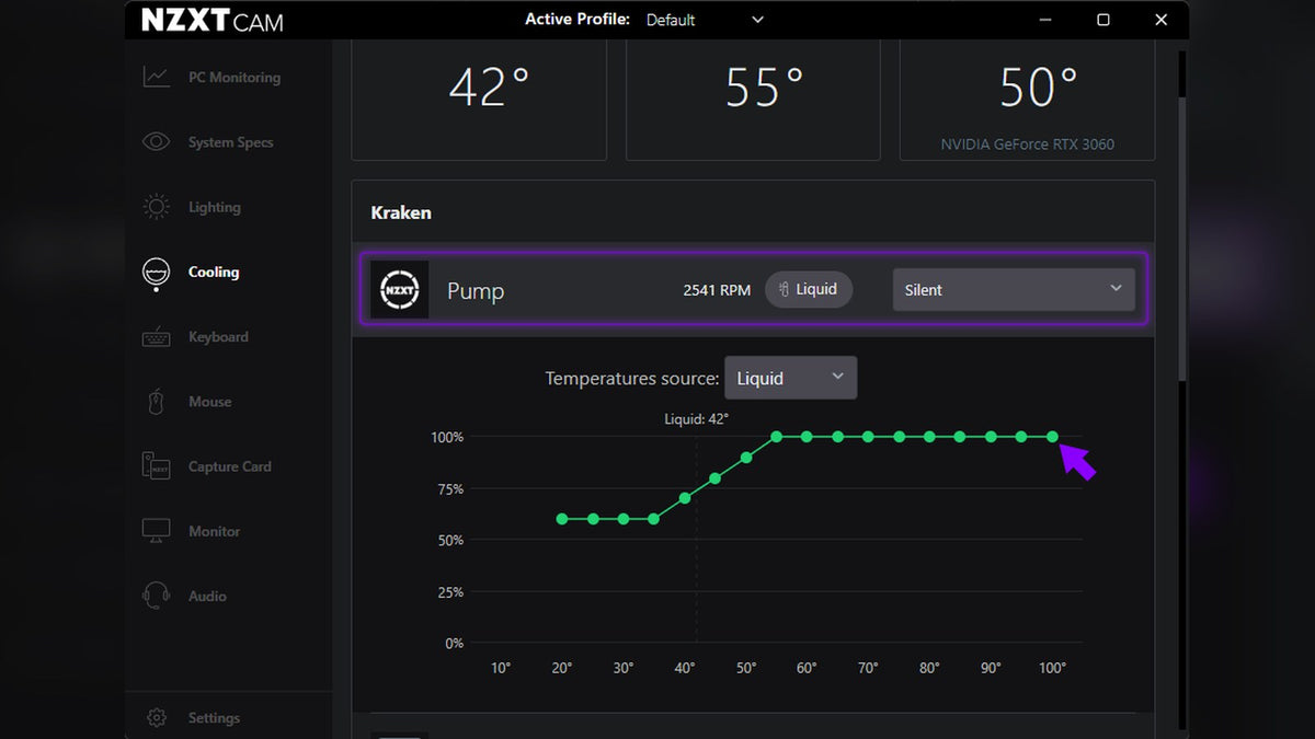 NZXT CAM Cooling tab showing a Kraken pump at 2541 RPM with a liquid-temperature pump curve