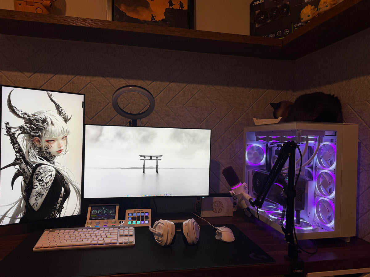 May setup contest winner desk with two monitors, ring light, white keyboard, a cat, and a white PC case with purple RGB
