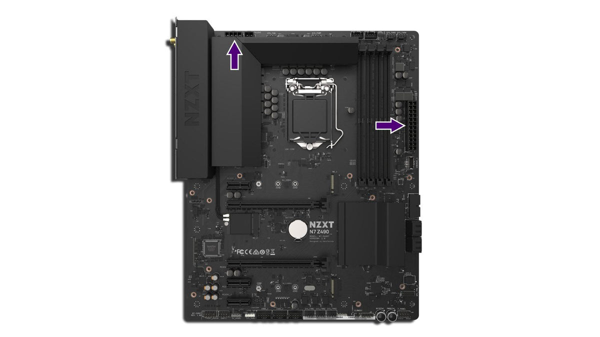NZXT N7 Z490 motherboard with arrows pointing to the CPU 8-pin and 24-pin ATX power connectors