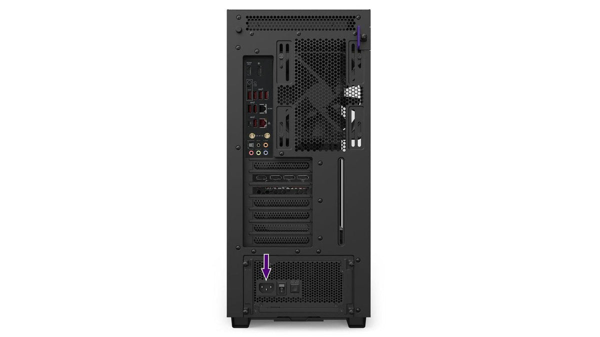 Rear of a black NZXT tower case with an arrow pointing to the power supply AC socket and power switch