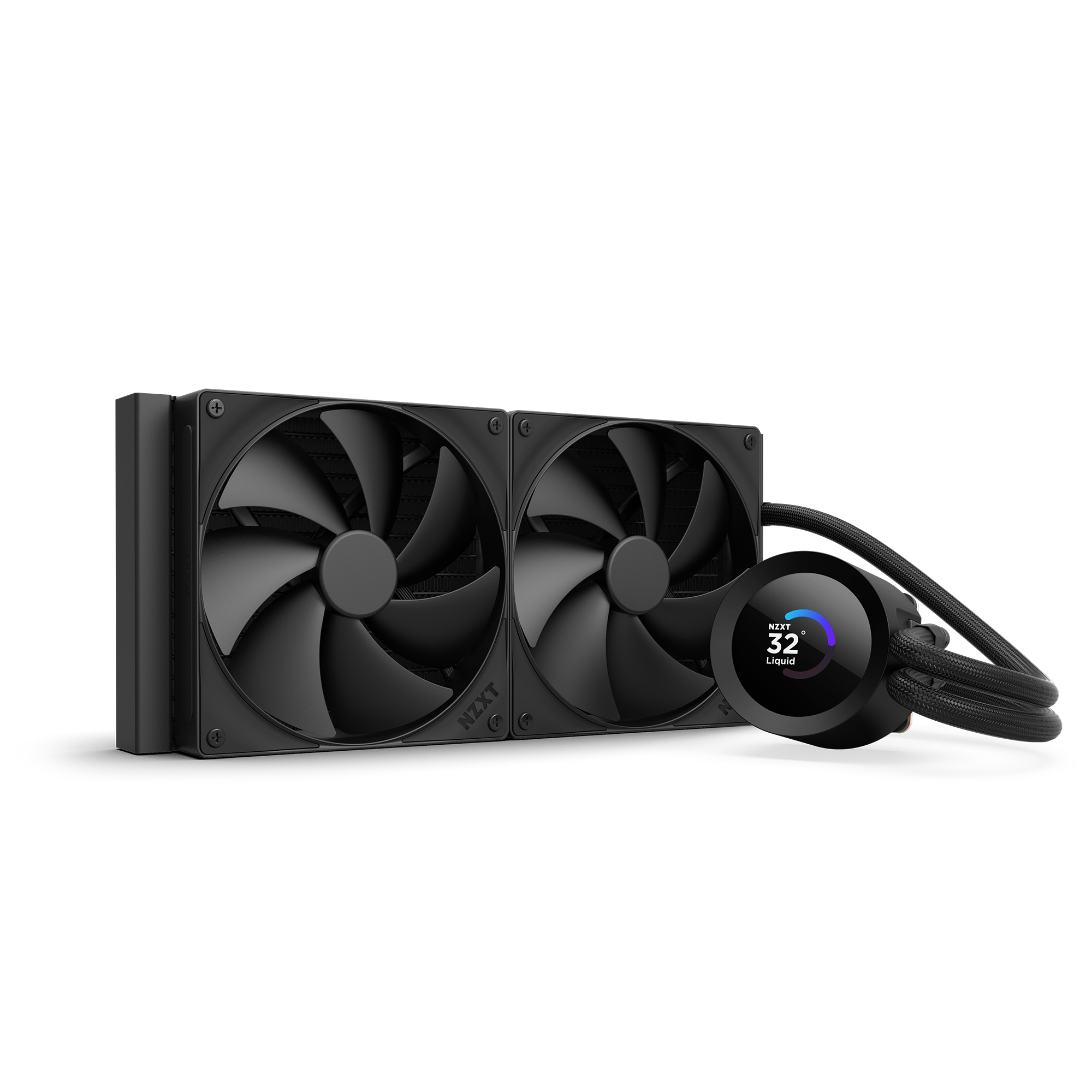 The NZXT Kraken Plus 280 is a black dual-fan liquid CPU cooler with a custom LCD screen on the pump displaying 32°C in Silent mode. The radiator, NZXT Turbine pump, and tubing are visible beside the pump unit.