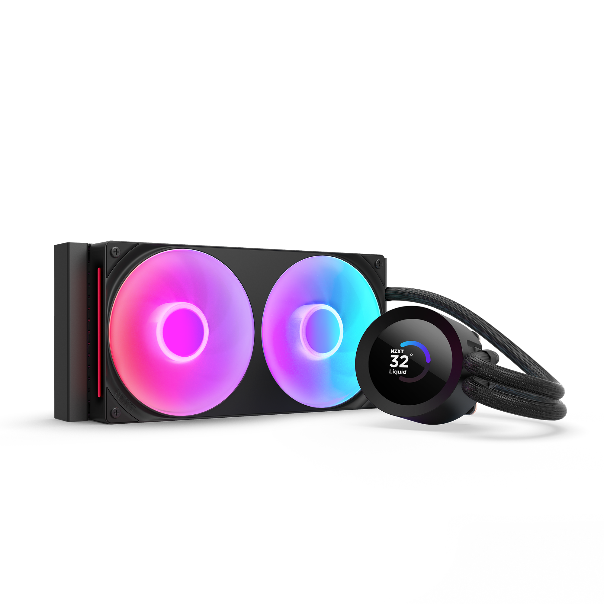 The NZXT Kraken Plus 240 RGB features two RGB fans and a Turbine pump with an LCD showing 32°C, all connected by braided tubing for efficient, stylish cooling.