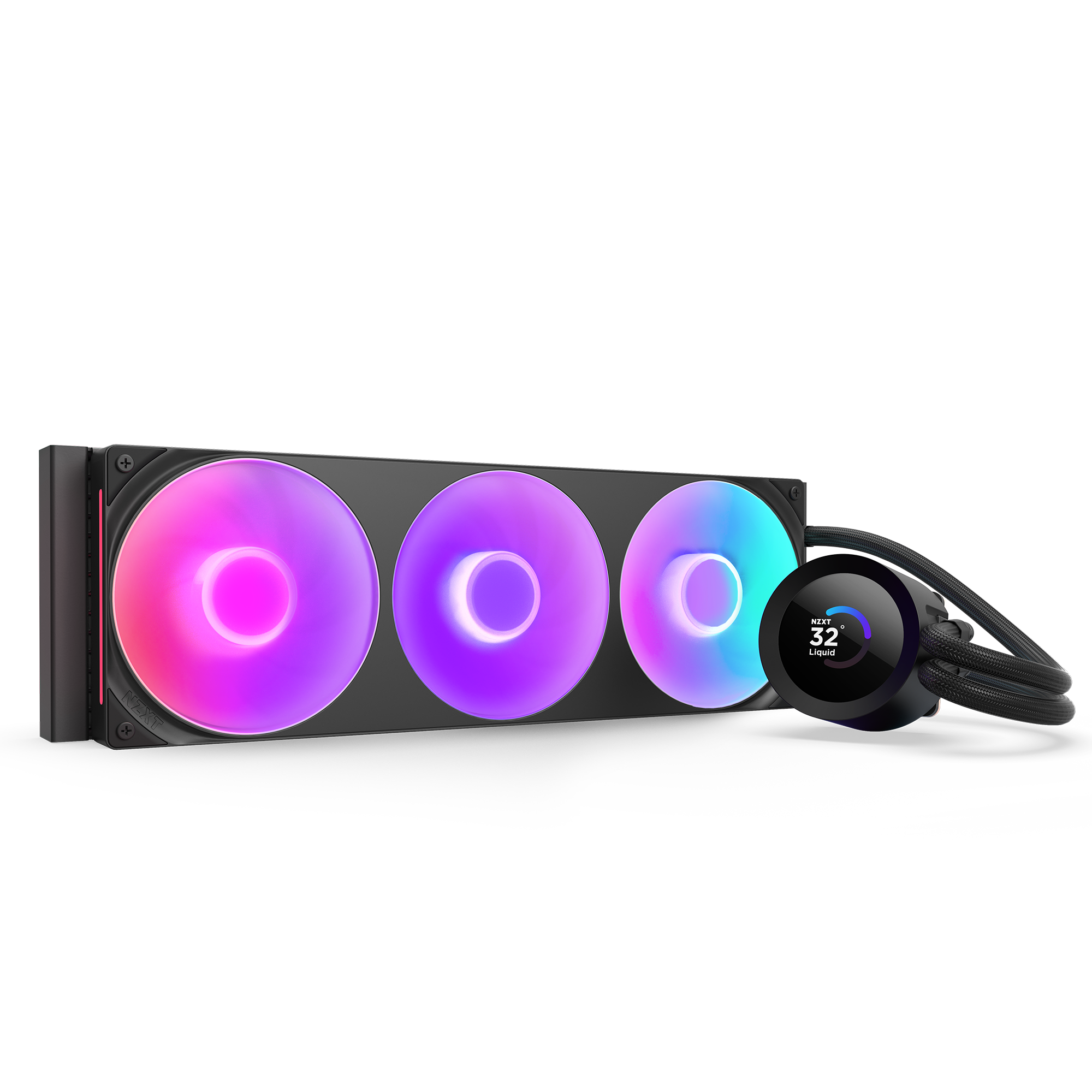 The NZXT Kraken Plus 360 RGB is an AIO liquid cooler with three RGB fans and a circular pump featuring an LCD screen showing a 32°C temperature, all linked by sleek black tubing.