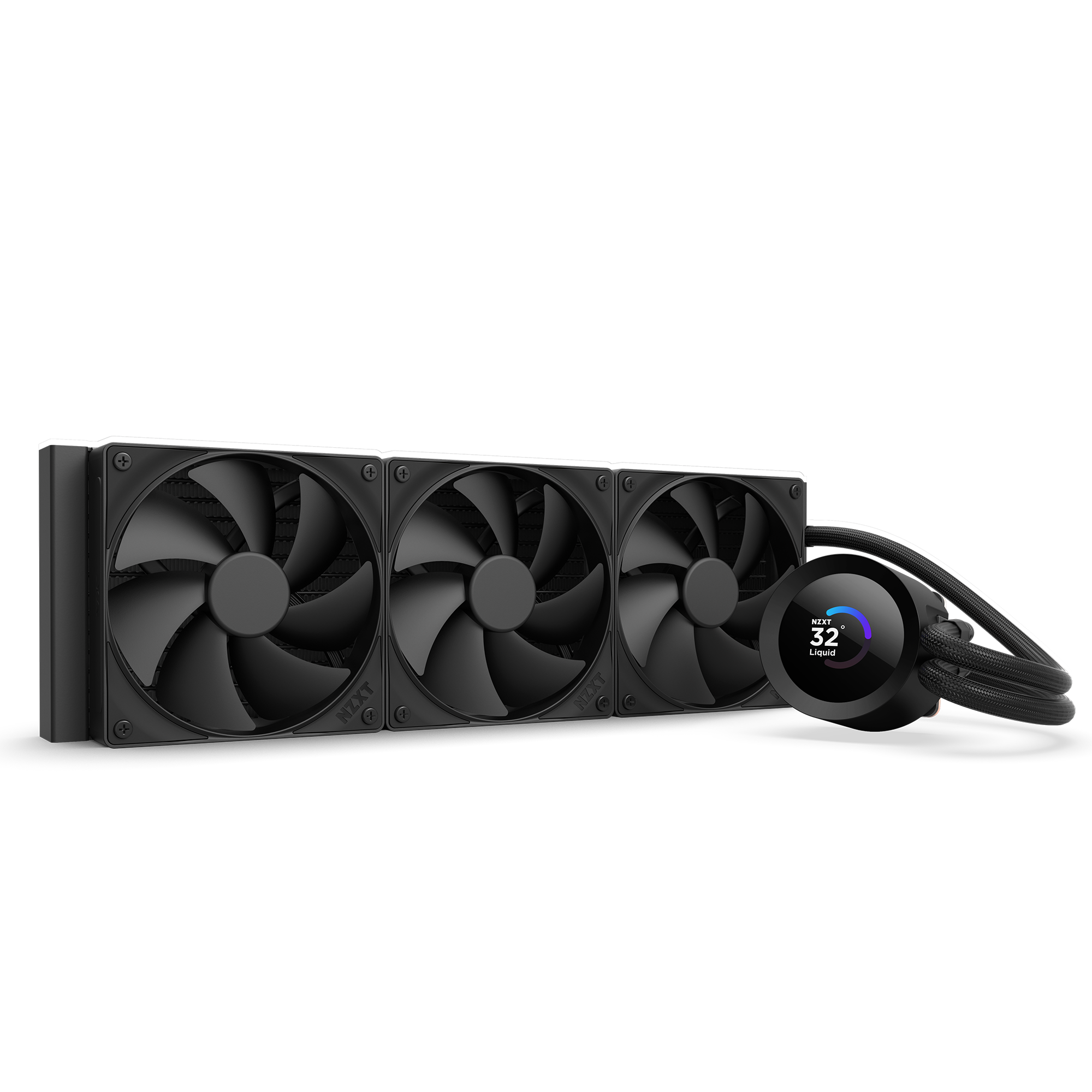 The NZXT Kraken Plus 360 is a high-performance cooling system with three large black fans and a circular LCD display on the pump showing a temperature of 32°C.