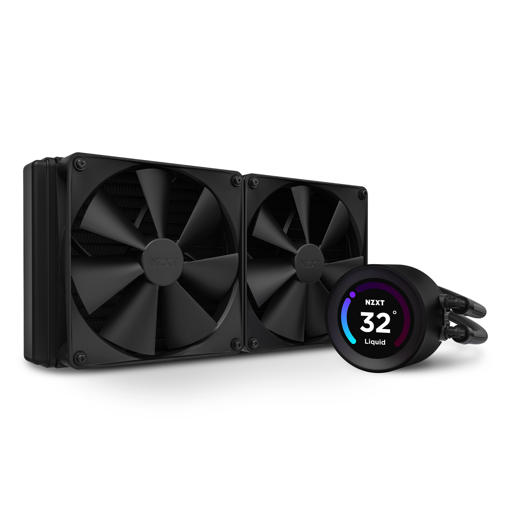 The NZXT Kraken Elite 280 (2023) is a black dual-fan liquid CPU cooler with a wide-angle LCD displaying NZXT 32° Liquid in white text, two tubes, CAM software support, all shown on a white background.