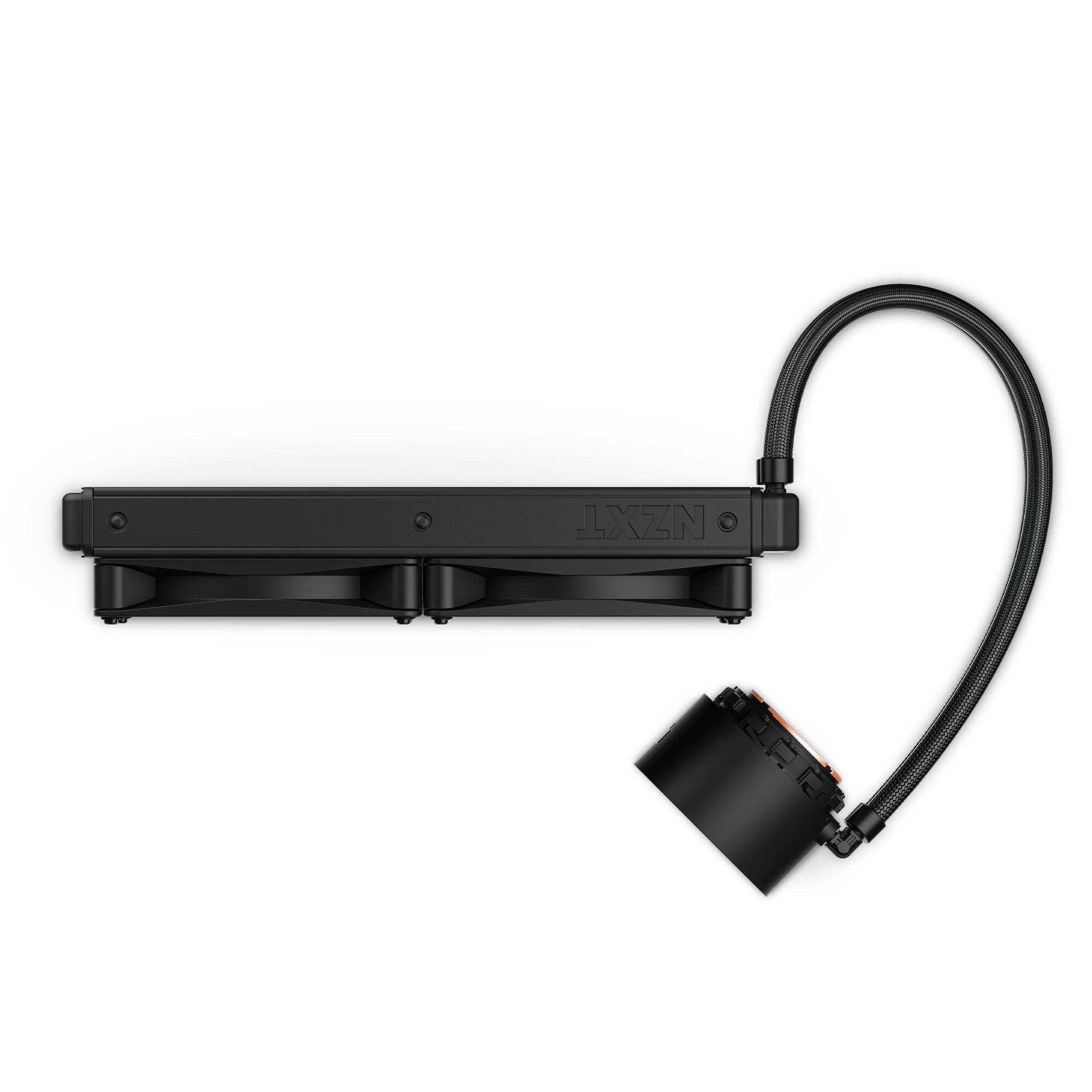 The NZXT Kraken Elite 280 (2023) is a black liquid CPU cooler featuring a dual-fan radiator, wide-angle LCD display, and cylindrical pump with flexible tubing. Seen from above on a white background; designed for optimal cooling.