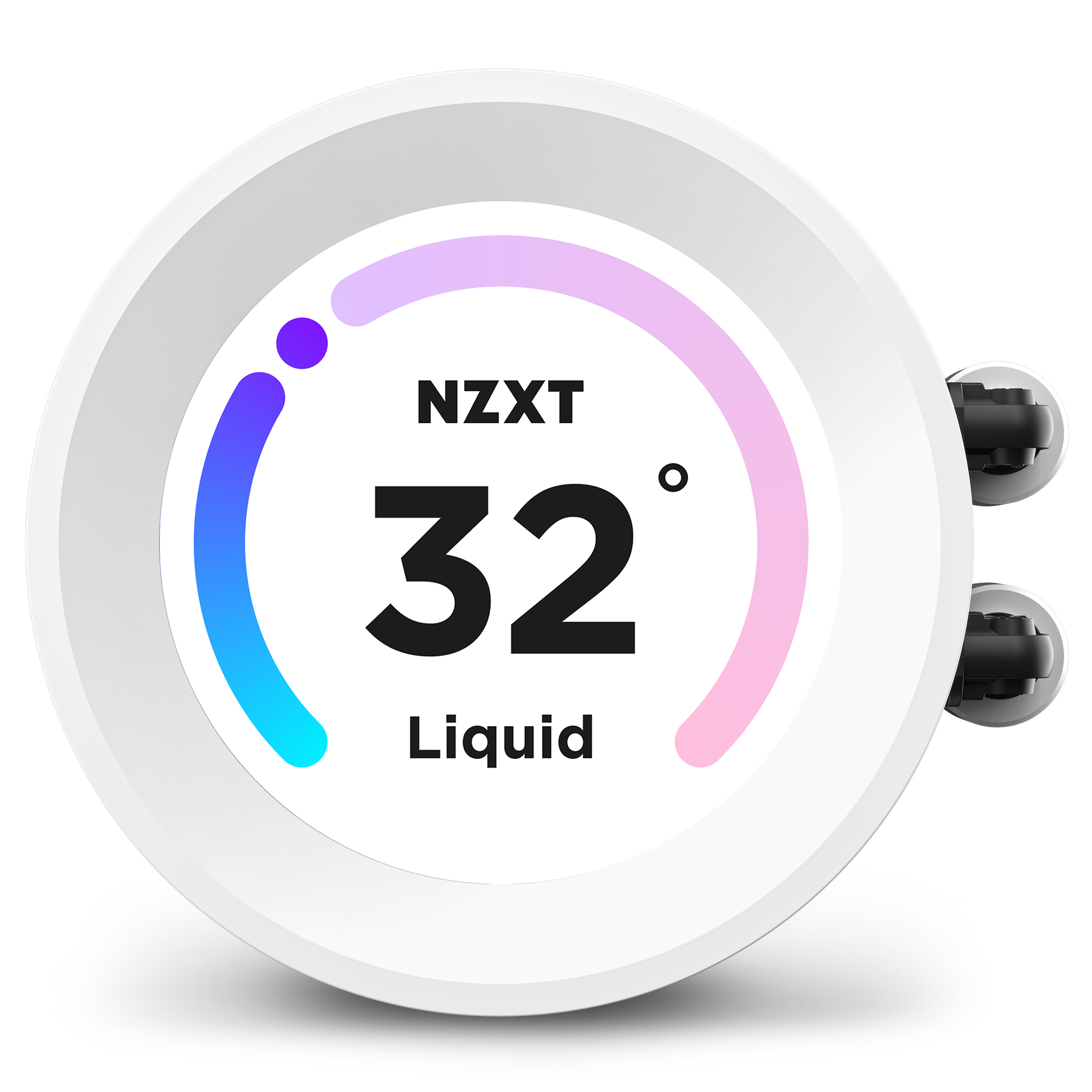 The Kraken Elite 240 RGB (2023) by NZXT features a round digital display showing NZXT above 32° Liquid, with a blue, purple, and pink arc partly circling the screen and two connectors visible on the right.