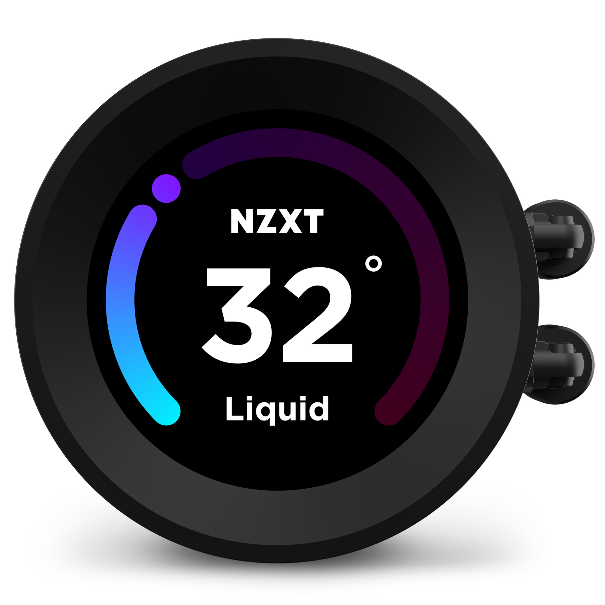 The NZXT Kraken Elite 280 (2023) features a digital wide-angle LCD displaying NZXT, 32°, and Liquid with a colored arc, clearly indicating an optimal cooling liquid temperature of 32 degrees.