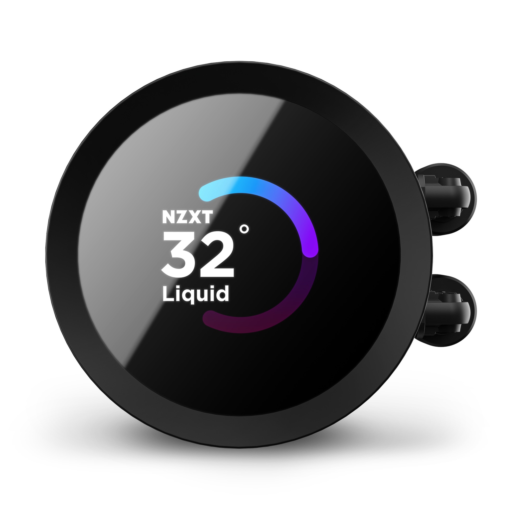 The NZXT Kraken 360 features a round LCD screen displaying a temperature of 32°C with a colorful semicircular progress bar, indicating optimal cooling. Two hoses attach to the right side of this liquid CPU cooler.