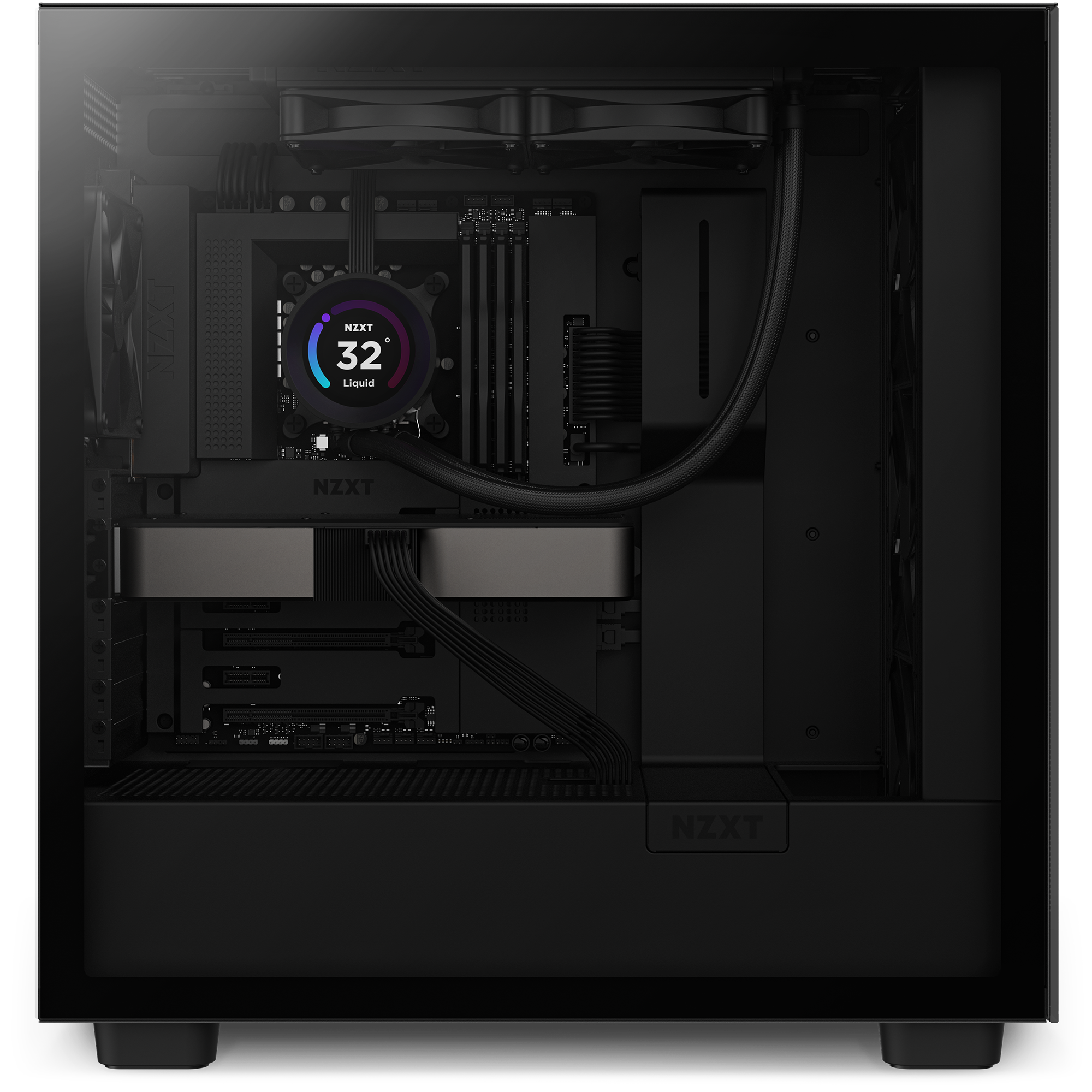 The NZXT Kraken Elite 240 (2023) is a sleek black desktop PC case with a transparent side panel, displaying internal components, dual graphics cards, and a digital display showing 32°C Liquid.