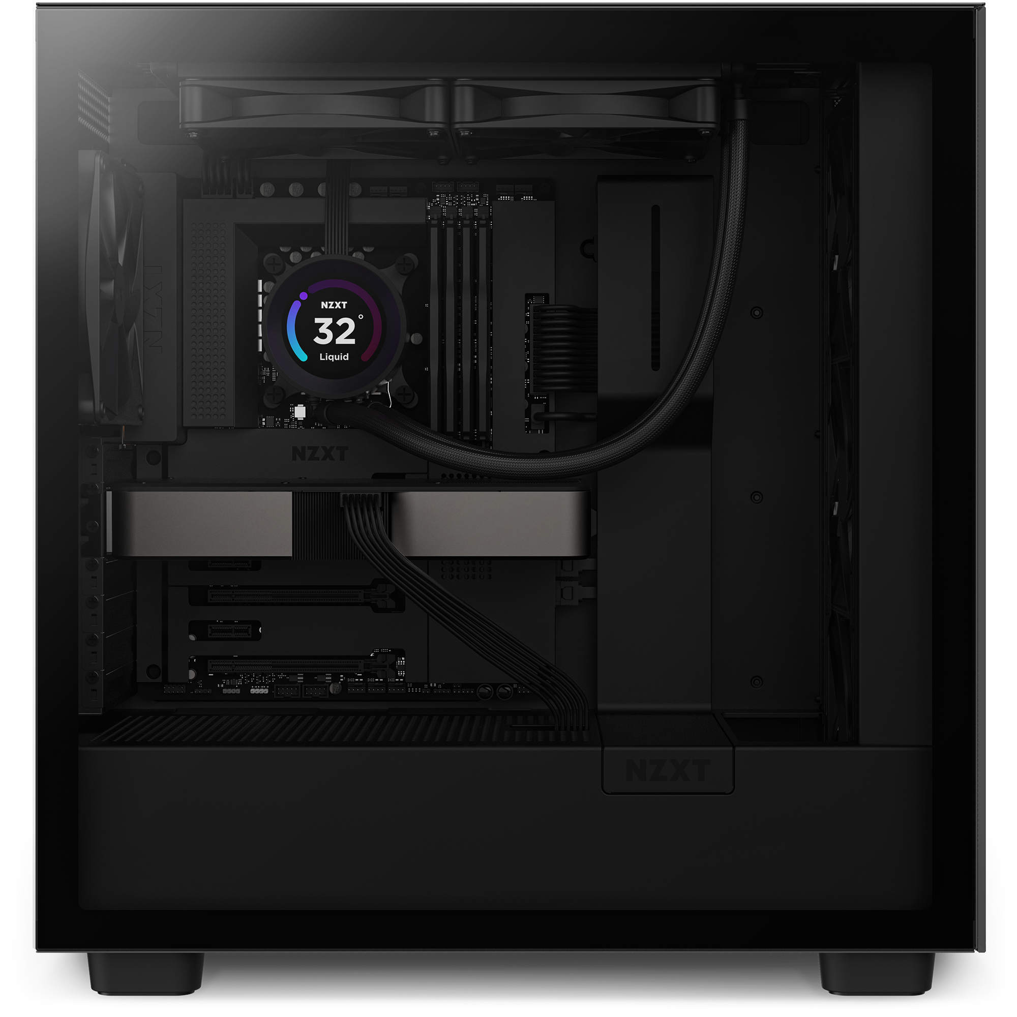 An NZXT Kraken Elite 280 (2023) desktop features a transparent side panel displaying internal parts, wide-angle LCD showing 32°C liquid for cooling, cooling tubes, cables, and NZXT components.