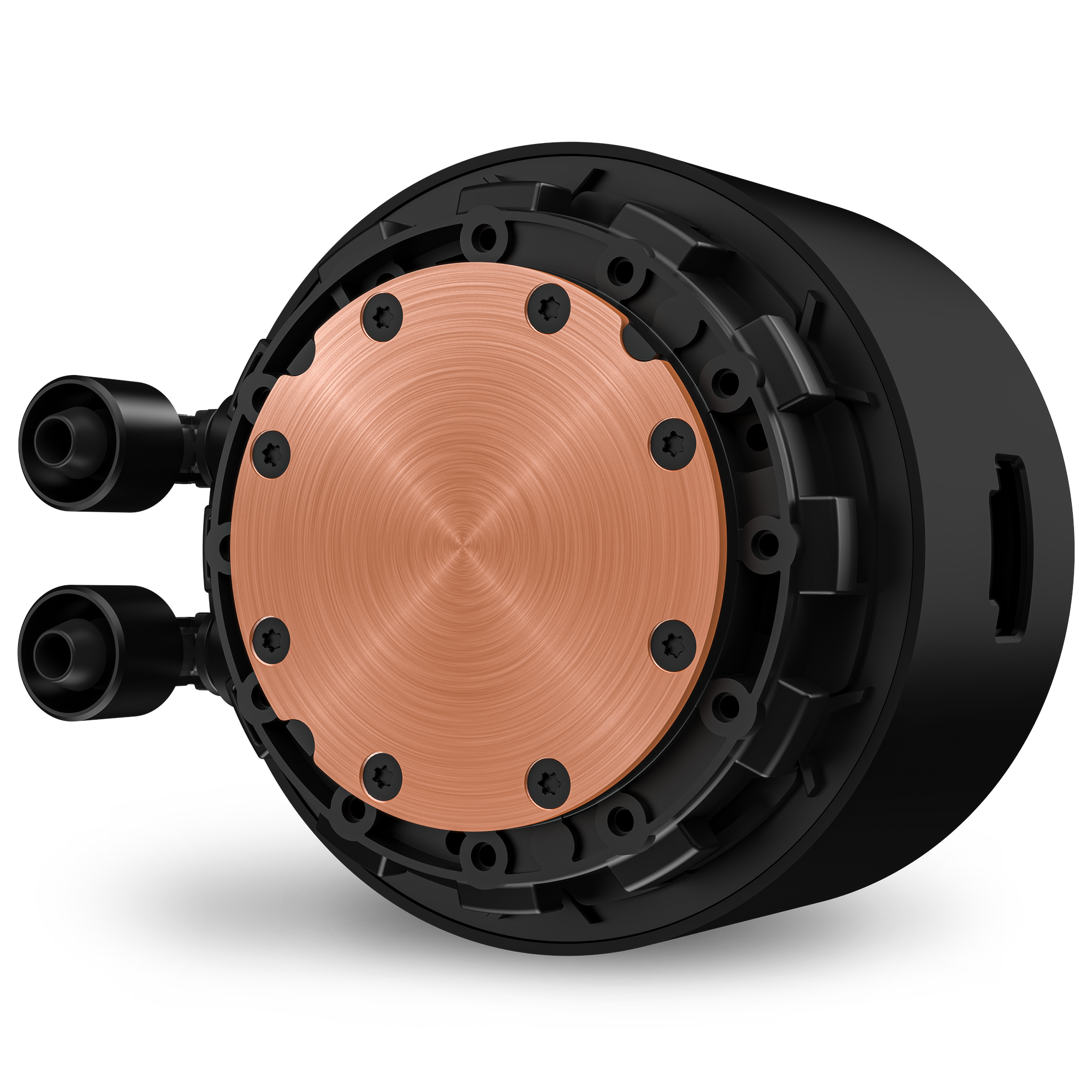 The NZXT Kraken Elite 280 (2023) features a brushed copper circular center, black housing with multiple screws, and two black tubes for optimal cooling in high-performance setups.