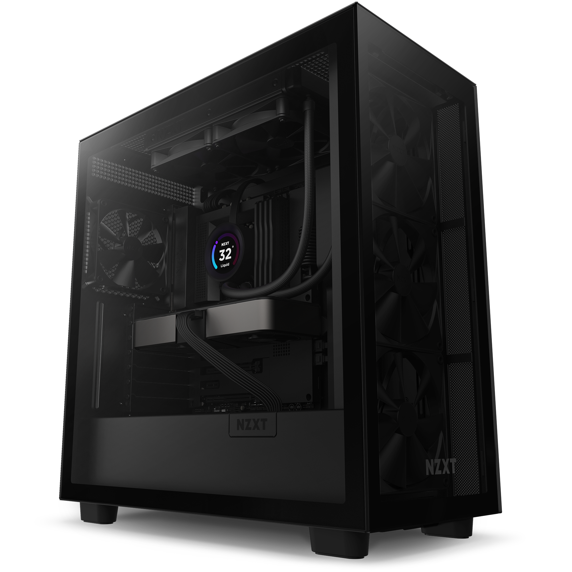 A black NZXT PC case features a transparent side panel revealing the Kraken Elite 240 (2023) cooling system with a digital display at 32°C, visible internal fans, and neatly arranged hardware components.