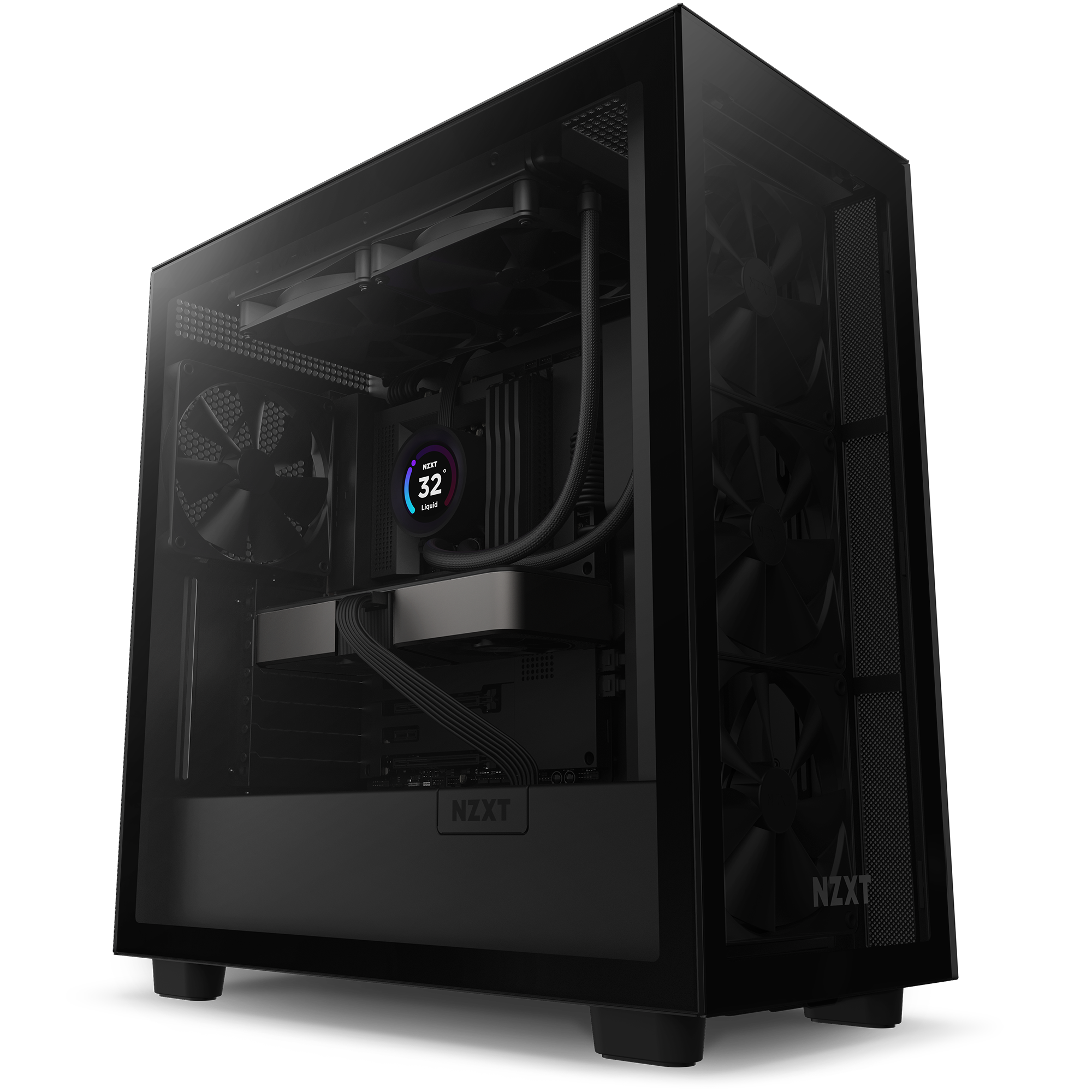 A black NZXT gaming PC case features visible cooling fans, internal components, and a Kraken Elite 280 (2023) CPU cooler with an illuminated wide-angle LCD display showing a temperature of 32°C for optimal cooling.