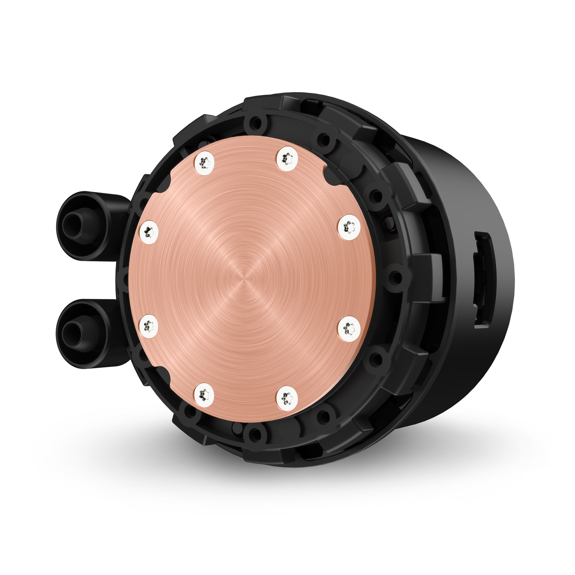 A close-up of the NZXT Kraken 360 RGB shows its round black design with a copper-colored plate secured by six screws. Two black tubes extend from the side for optimal cooling performance, highlighting this advanced computer cooling component.