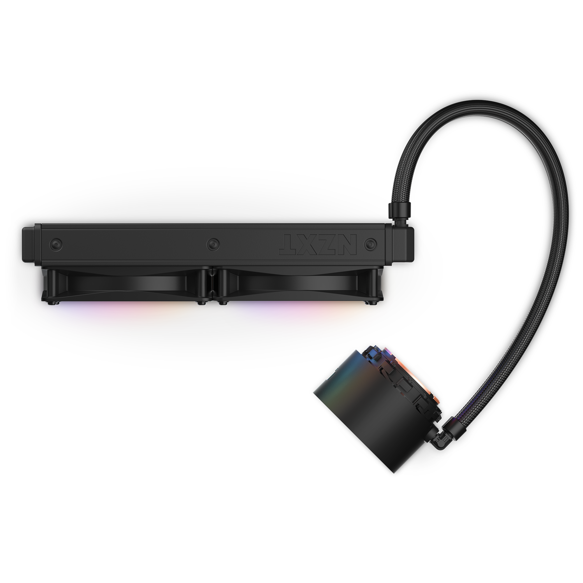 The NZXT Kraken Elite 240 RGB (2023) is a black liquid CPU cooler with dual fans featuring braided tubes and RGB lighting; the fans display a gradient of orange, purple, and pink illumination.