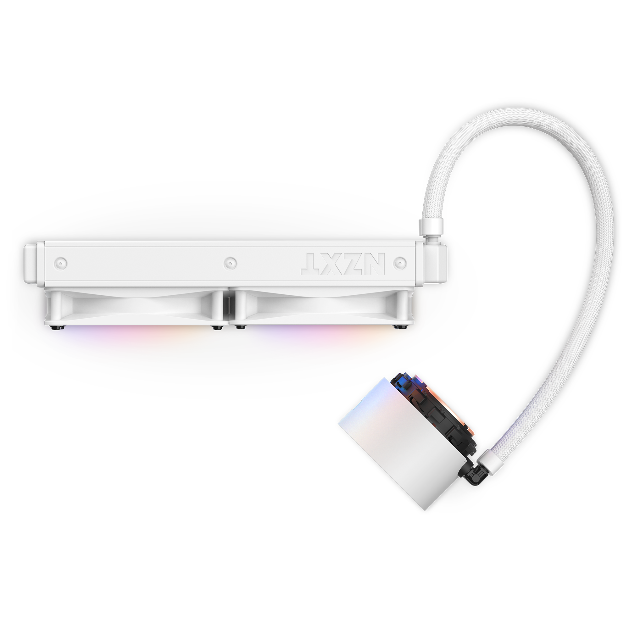 The NZXT Kraken Elite 240 RGB (2023) is a white liquid CPU cooler with dual RGB fans and a white hose connecting to a rectangular pump unit.