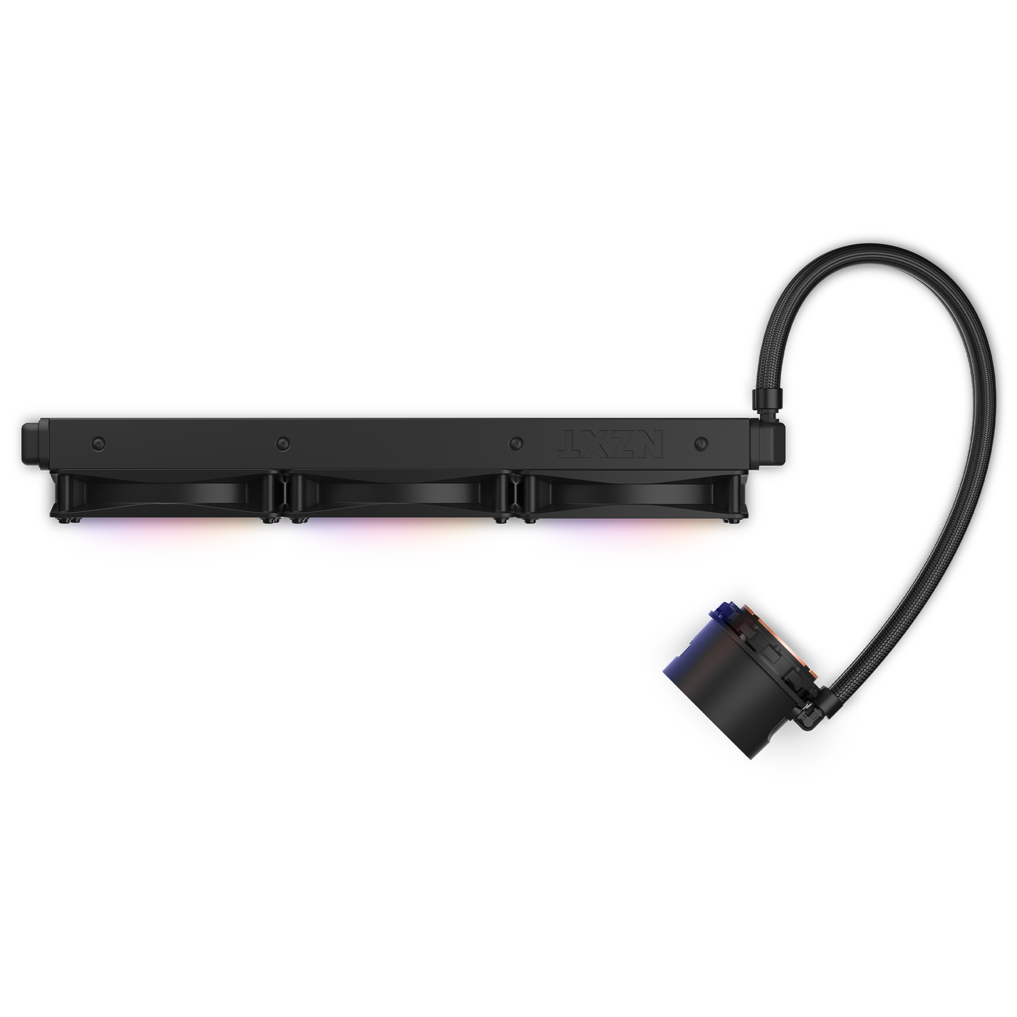 The NZXT Kraken 360 RGB is a black liquid cooling radiator with three RGB fans displaying purple, orange, and pink lights, connected by a flexible black tube to a round CPU pump for optimal cooling.