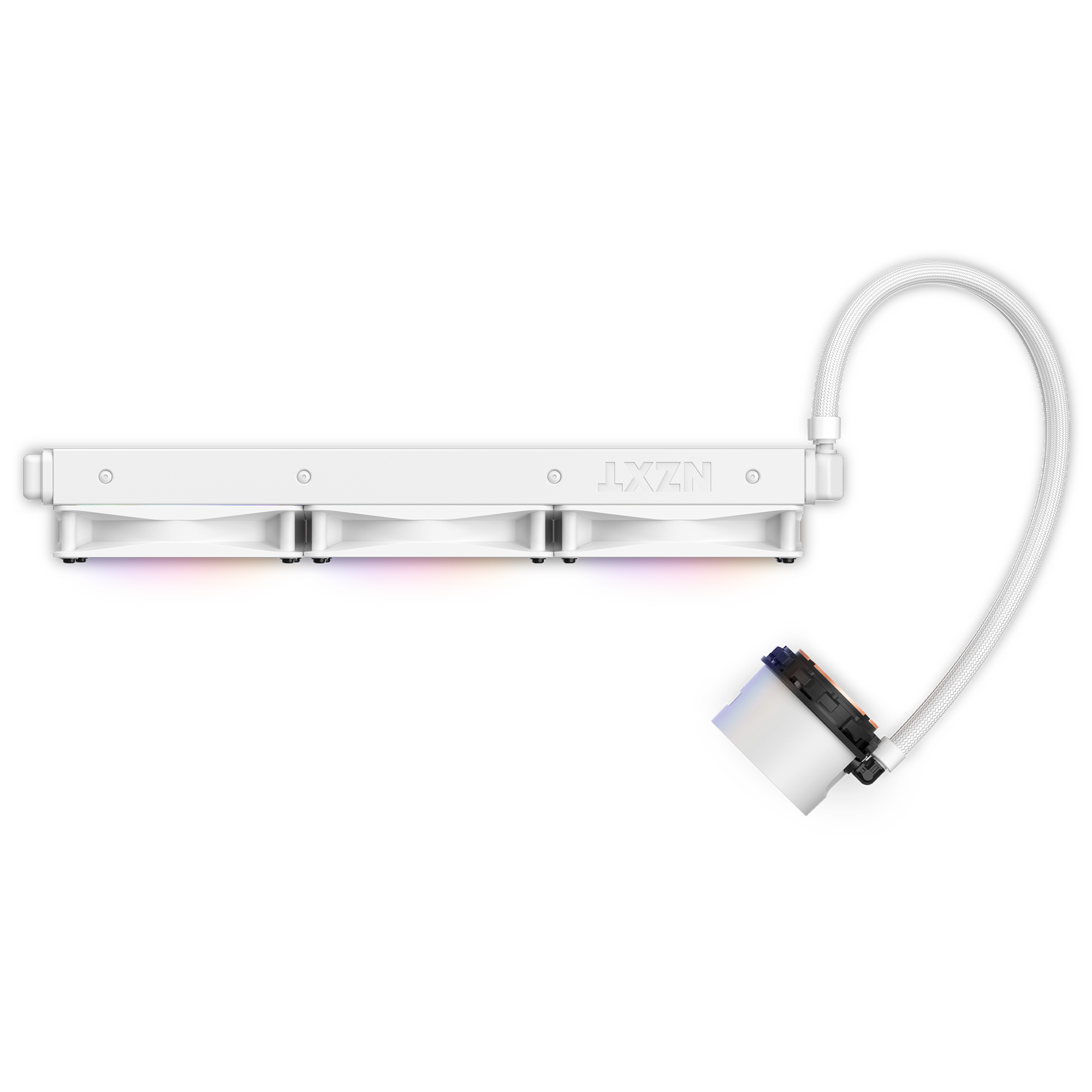 The NZXT Kraken 360 RGB is a white liquid cooling radiator with three fans, linked by a white tube to an RGB-lit pump on a black base, offering optimal cooling and displaying a vibrant gradient of purple, pink, orange, and yellow below.