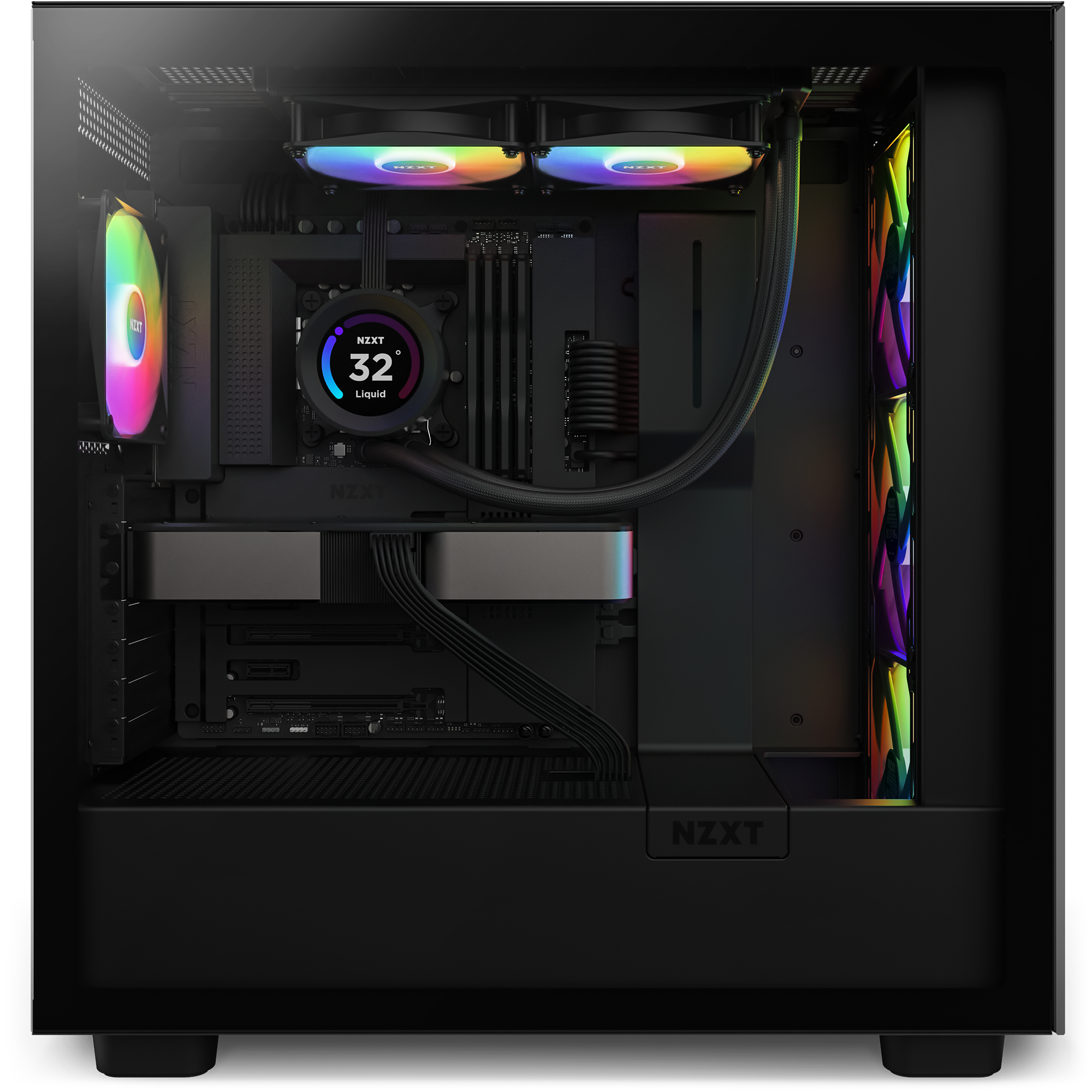 A side view of an NZXT desktop gaming PC featuring the Kraken Elite 240 RGB (2023) liquid cooling system, RGB lighting, illuminated cooling fans, and visible internal components inside a black NZXT case.