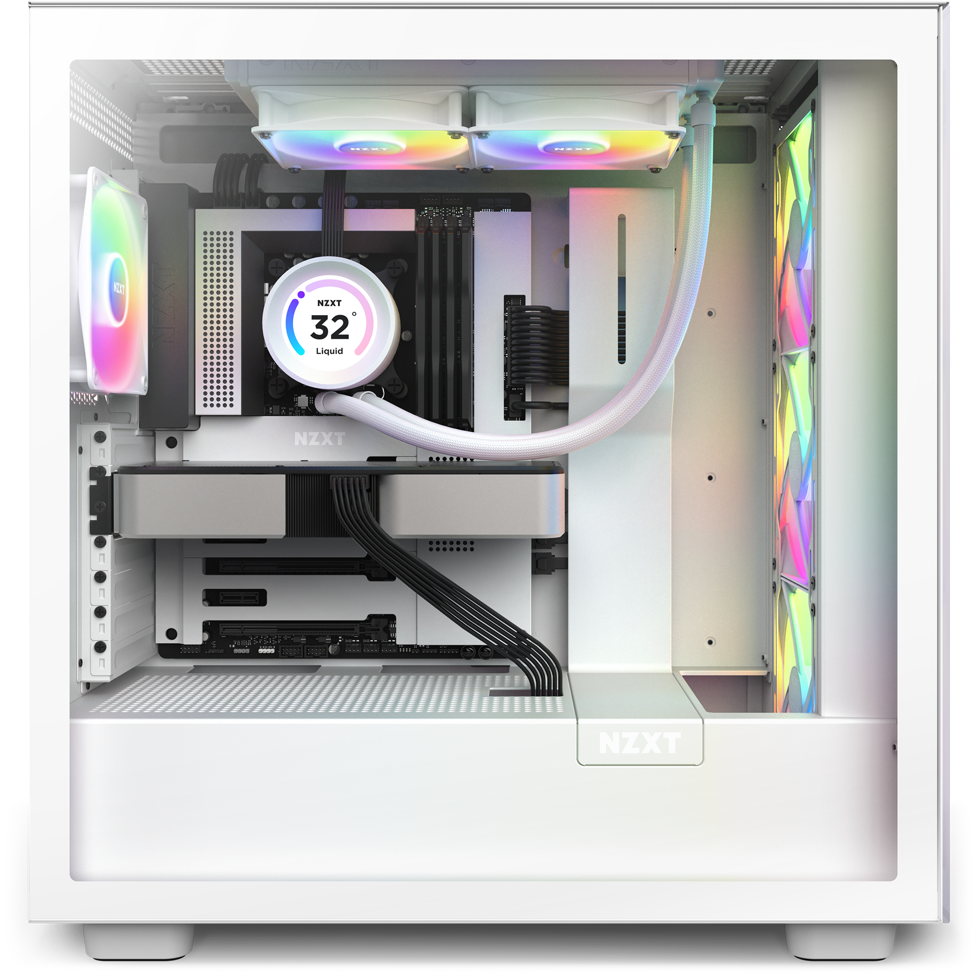 A white NZXT PC case with a clear side panel showcases RGB fans, the NZXT Kraken Elite 240 RGB (2023) liquid cooler with a temperature display, organized cables, and vibrant hardware lighting.