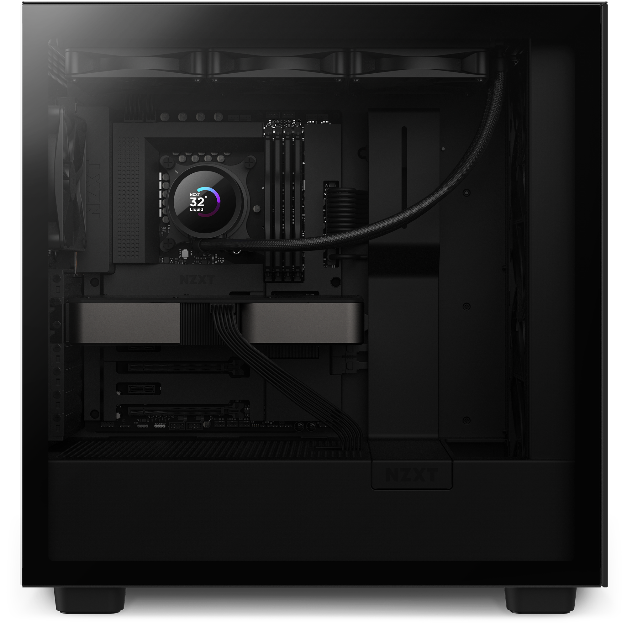 A black desktop PC tower with a transparent side panel reveals its components, featuring an NZXT Kraken 360 RGB CPU cooler with LCD showing 32°C, black cables, and a sleek, minimal design for optimal cooling.