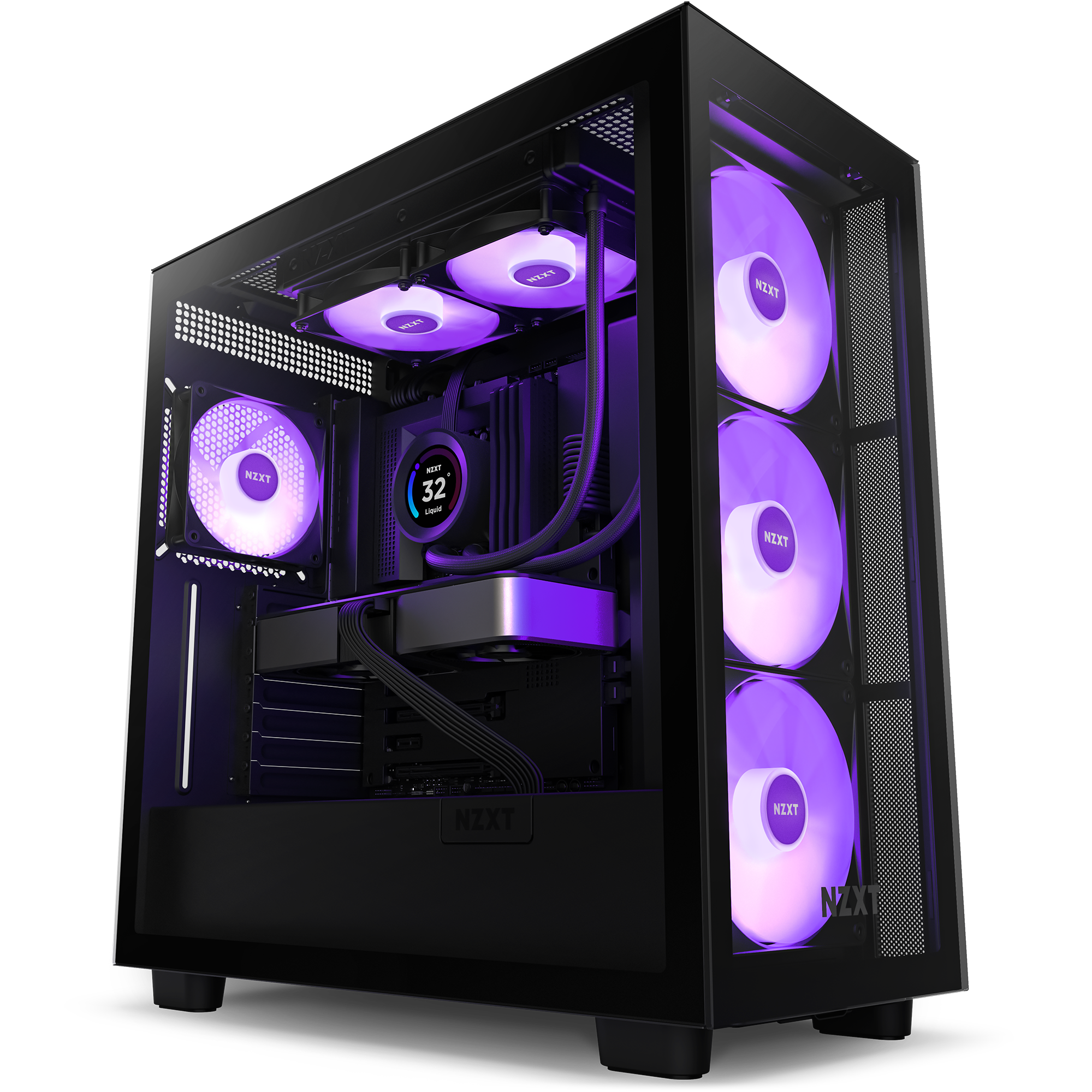 The NZXT Kraken Elite 240 RGB (2023) gaming PC case features a transparent side panel, displaying internal components with RGB-lit fans and a liquid cooling system, all glowing in purple lighting.