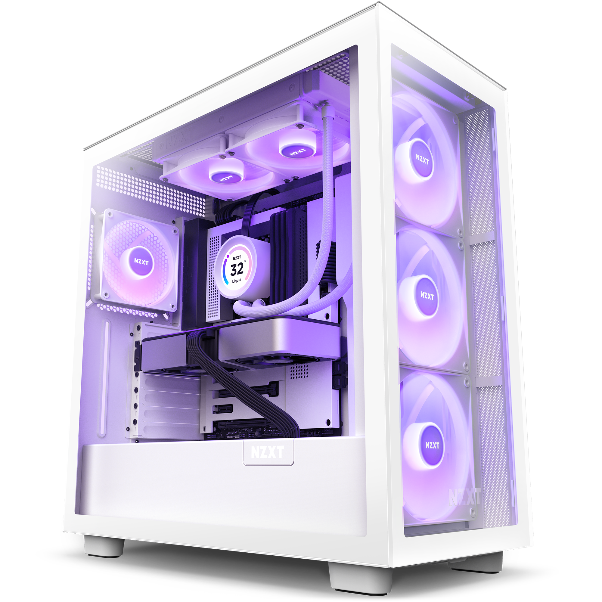The NZXT Kraken Elite 240 RGB (2023) showcases vibrant RGB-lit cooling fans and glowing internal components, all visible through the glass side panel of your white NZXT gaming PC case.