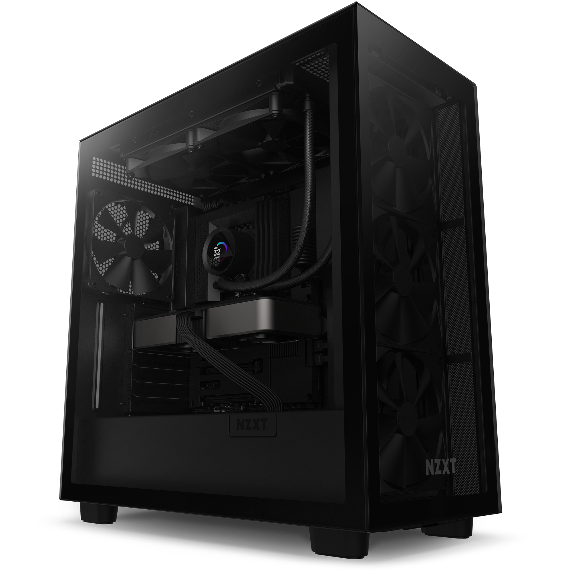 A black NZXT desktop tower with a transparent side panel shows off internal parts, including Kraken 280 liquid cooling tubes, cooling fans, and LED lights, all set against a black background.