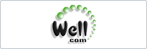 Logo with the word Well in bold black letters and com in smaller text below. Green gradient spheres form an arc above and around the text on a white background.