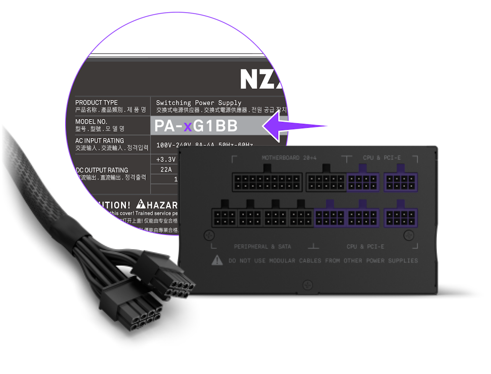 Close-up of a power supply label showing the model number PA-xG1BB, highlighted with a purple arrow, next to the connectors on the power supply and a set of power cables.